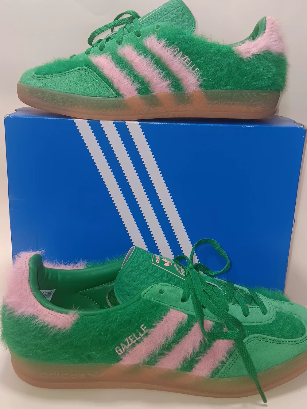 adidas Gazelle Green & Pink Fuzzy Sneakers